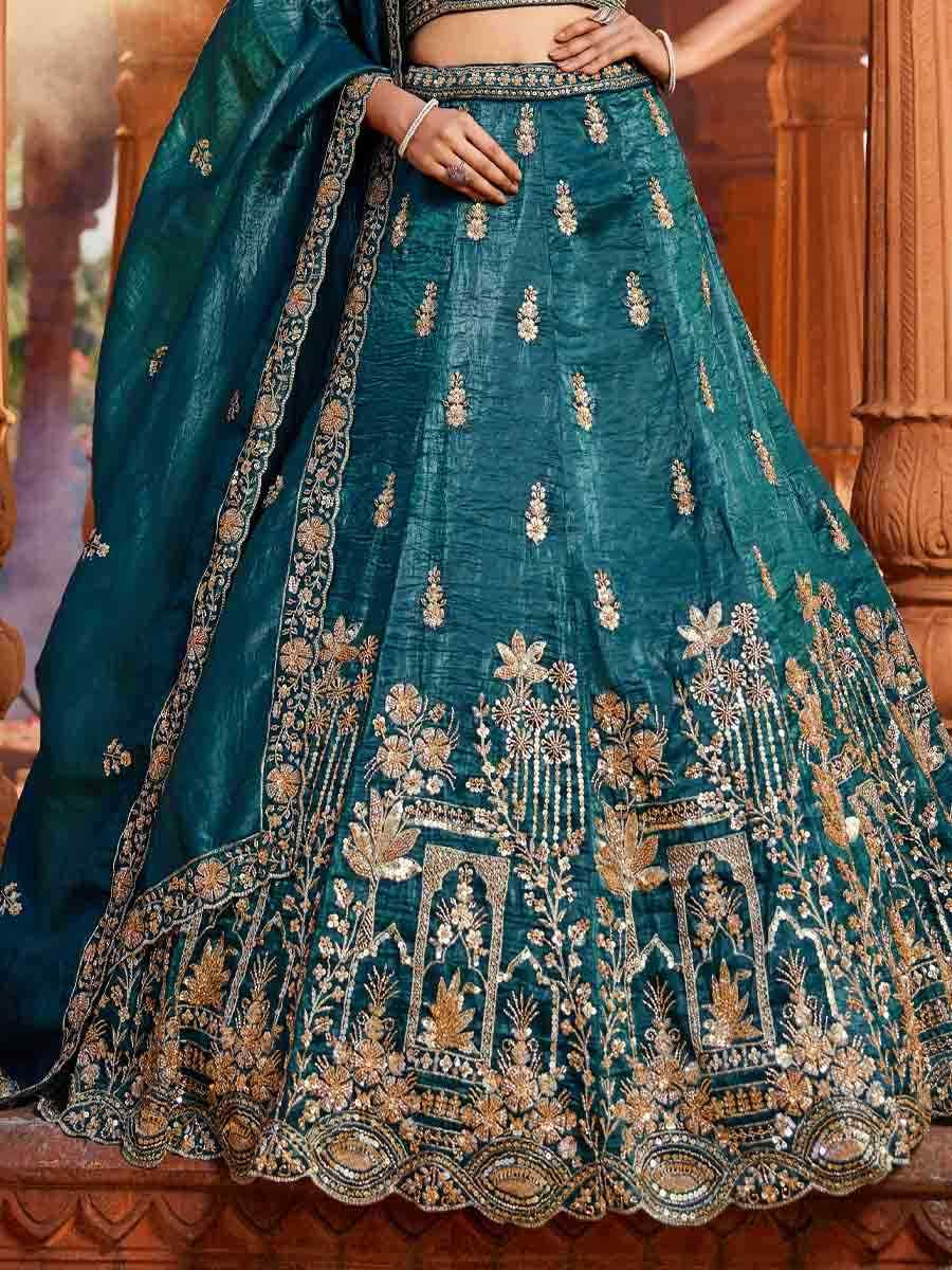 Teal Tissue Embroidery Reception Party Wear Heavy Border Lehenga Choli