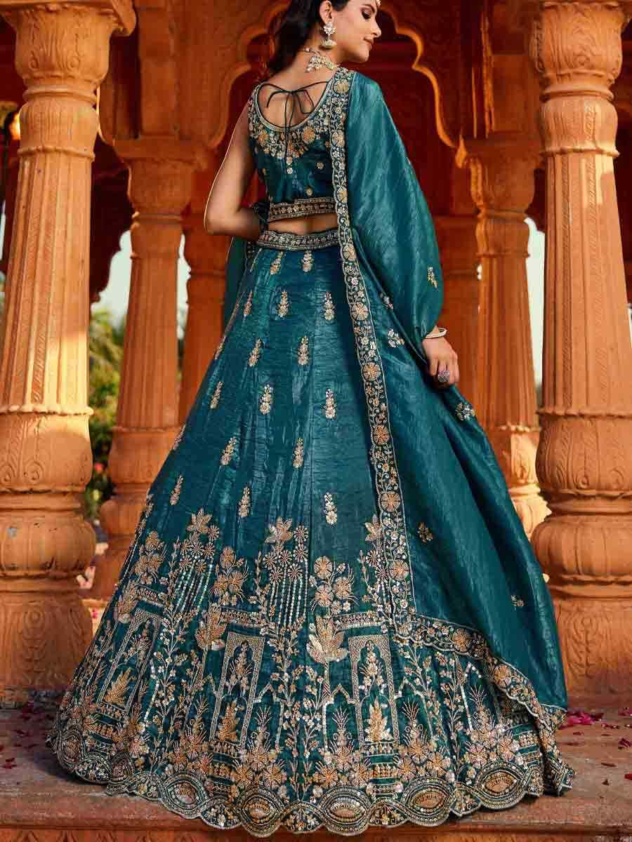 Teal Tissue Embroidery Reception Party Wear Heavy Border Lehenga Choli