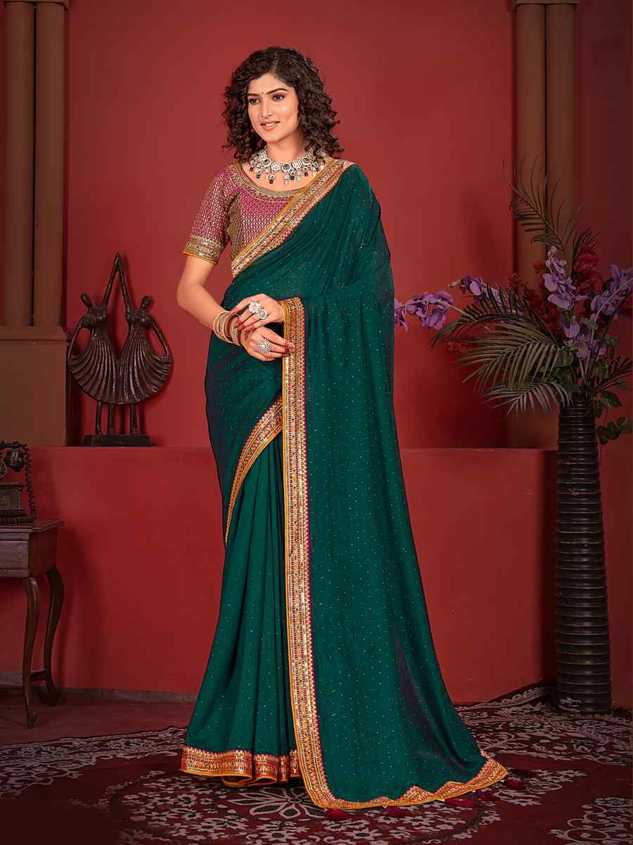 Teal Vichitra Bluming Embroidered Bridesmaid Wedding Heavy Border Saree