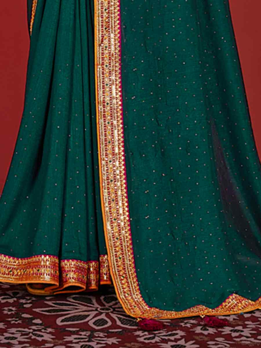 Teal Vichitra Bluming Embroidered Bridesmaid Wedding Heavy Border Saree