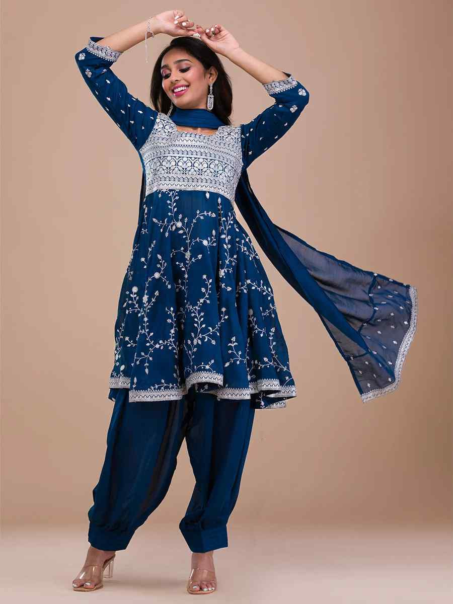 Teal Vichitra Silk Embroidered Festival Casual Ready Patiala Salwar Kameez