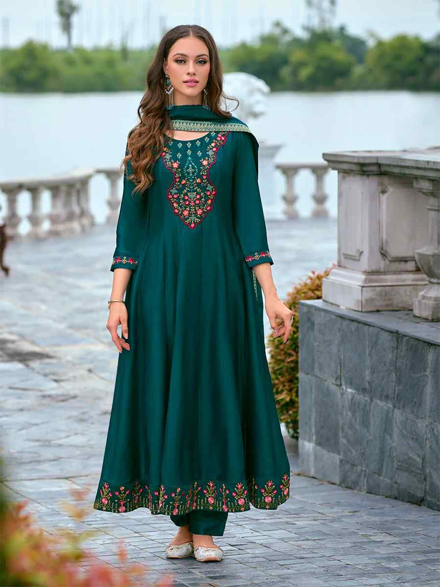 Teal Vichitra Silk Embroidered Festival Mehendi Ready Anarkali Salwar Kameez