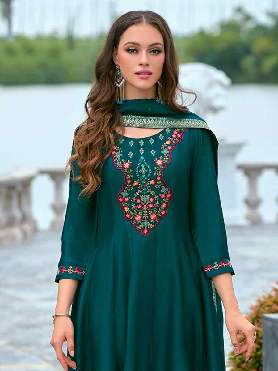 Teal Vichitra Silk Embroidered Festival Mehendi Ready Anarkali Salwar Kameez