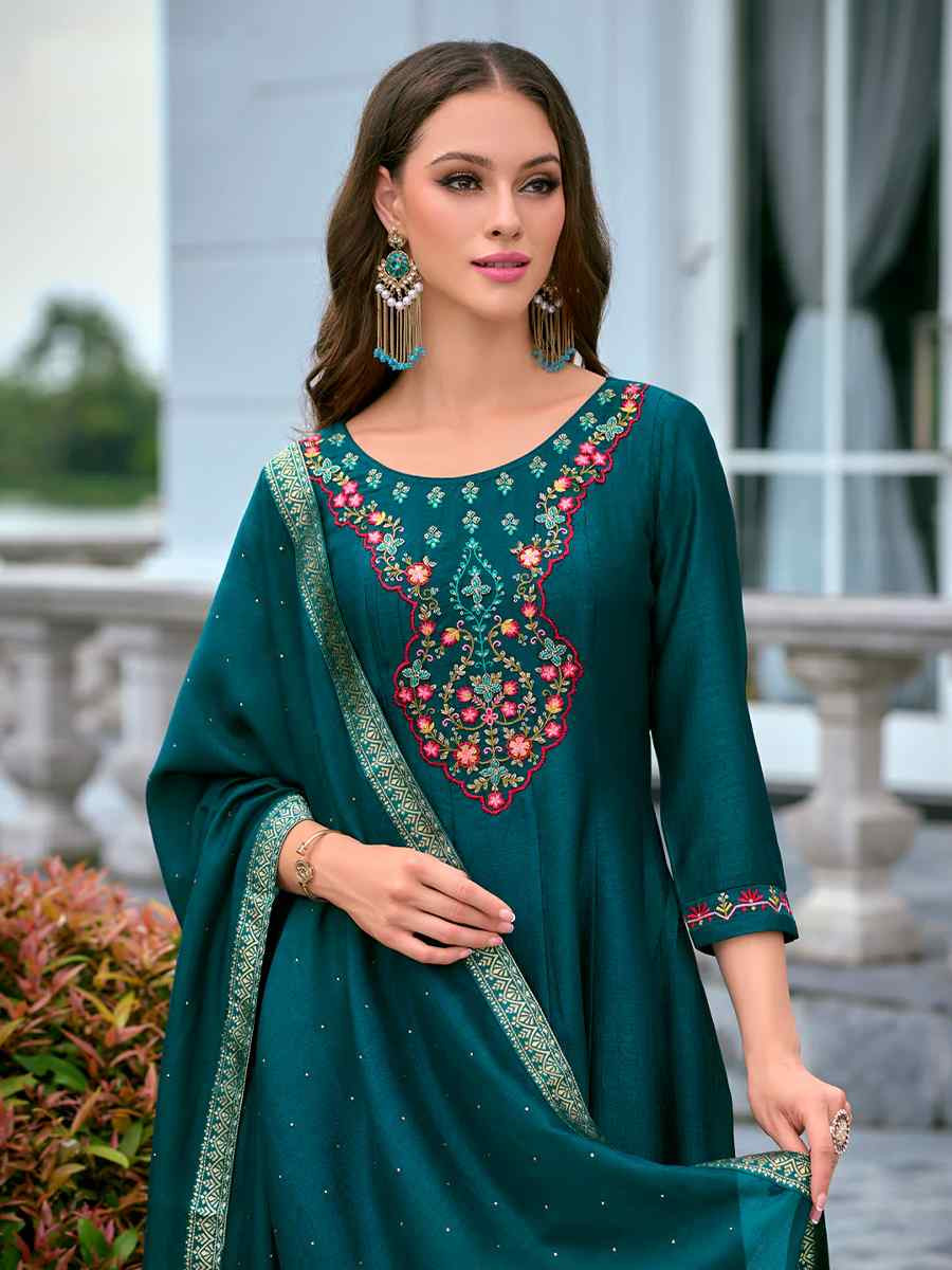 Teal Vichitra Silk Embroidered Festival Mehendi Ready Anarkali Salwar Kameez