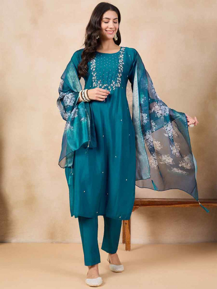 Teal Viscose Chanderi Embroidered Party Casual Ready Pant Salwar Kameez