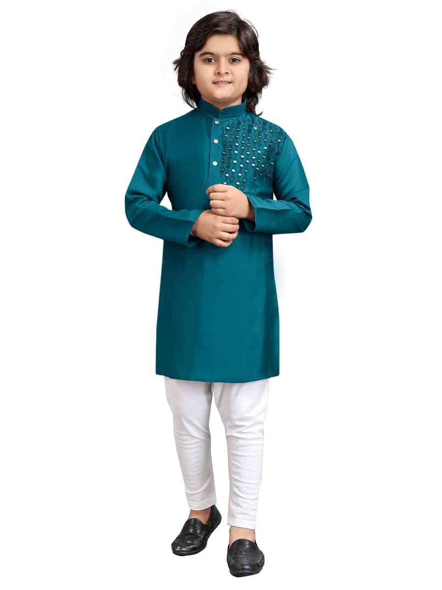 Teal Viscose Embroidered Wedding Casual Kurta Pyjama Boys Wear