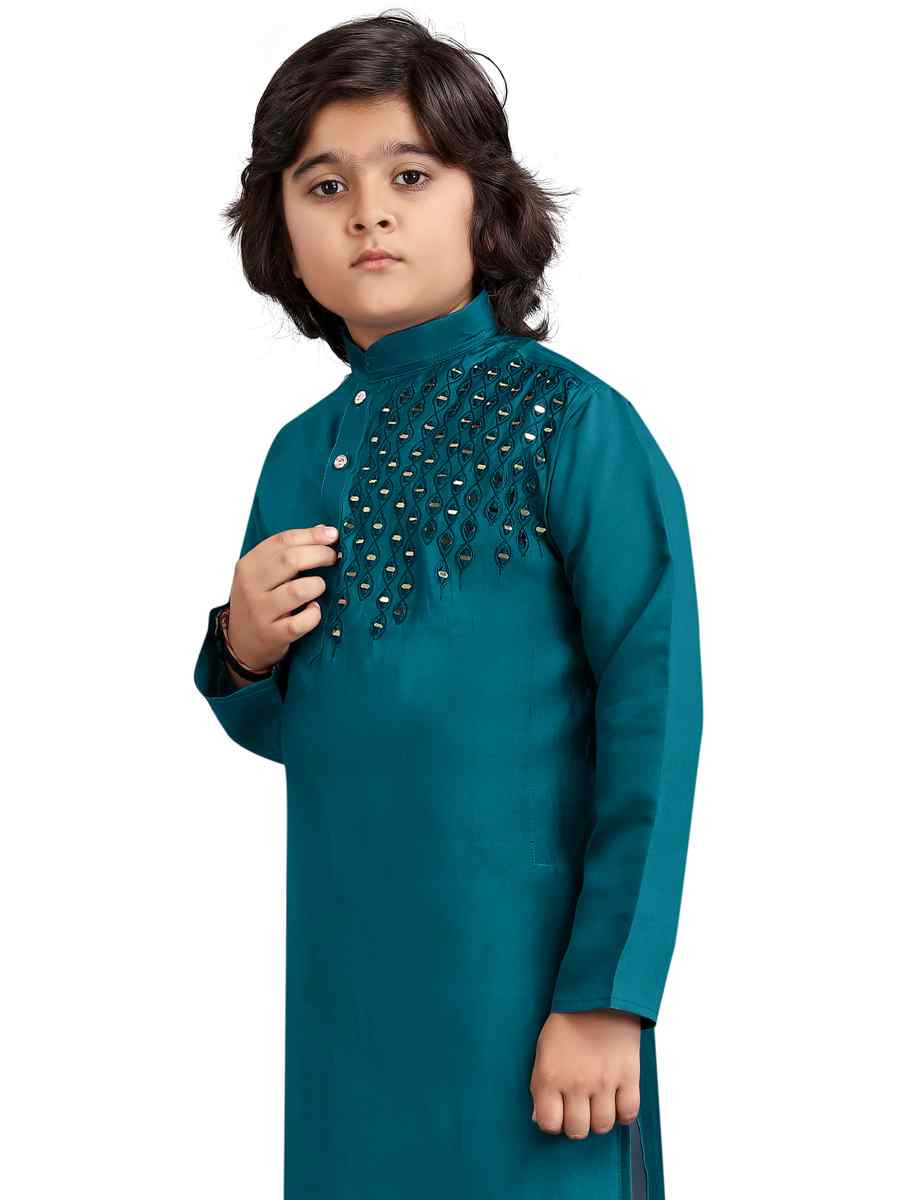 Teal Viscose Embroidered Wedding Casual Kurta Pyjama Boys Wear