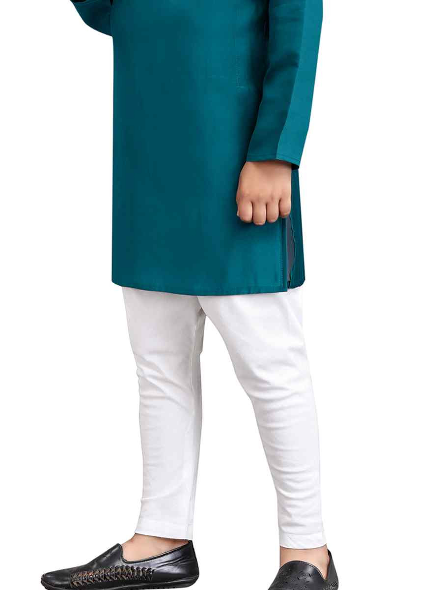 Teal Viscose Embroidered Wedding Casual Kurta Pyjama Boys Wear