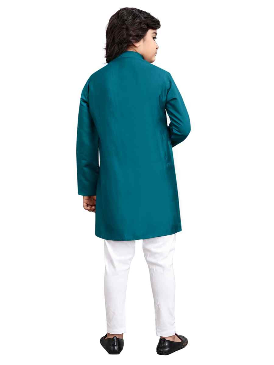 Teal Viscose Embroidered Wedding Casual Kurta Pyjama Boys Wear