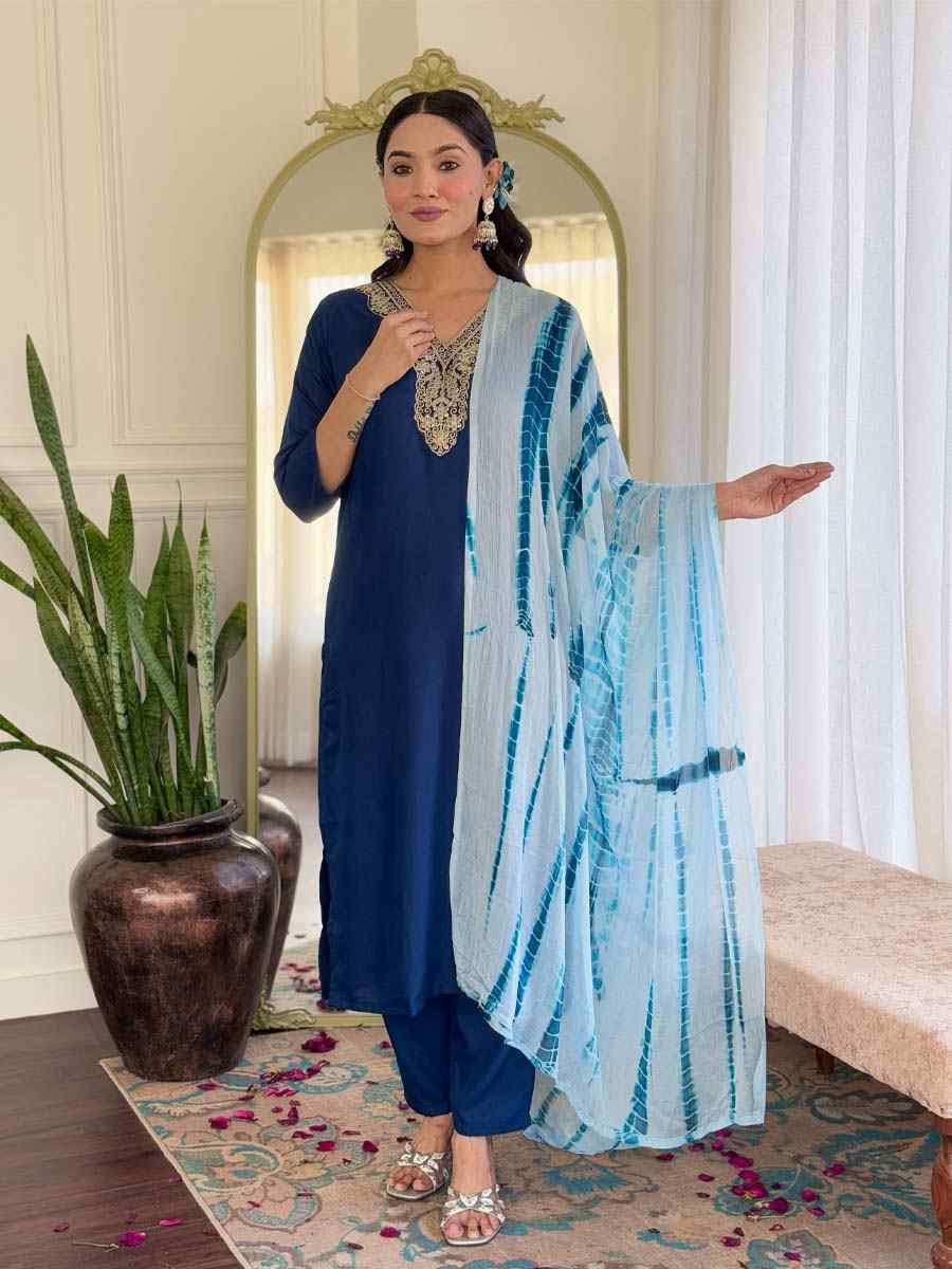 Teal Viscose Slub Embroidered Festival Casual Ready Pant Salwar Kameez