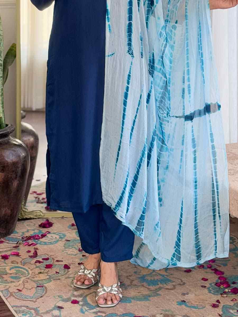 Teal Viscose Slub Embroidered Festival Casual Ready Pant Salwar Kameez