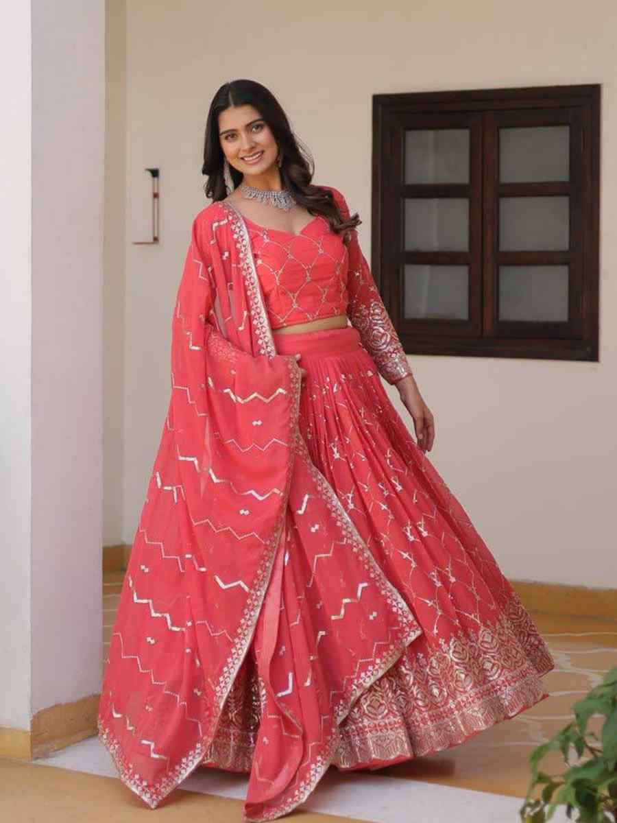 Tomato Red Heavy Faux Georgette Embroidered Wedding Festival Heavy Border Lehenga Choli