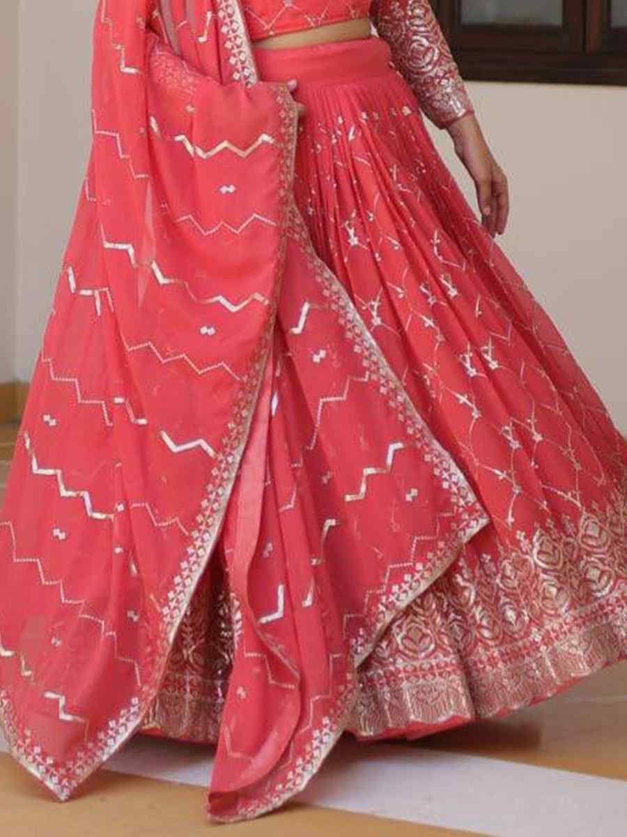 Tomato Red Heavy Faux Georgette Embroidered Wedding Festival Heavy Border Lehenga Choli