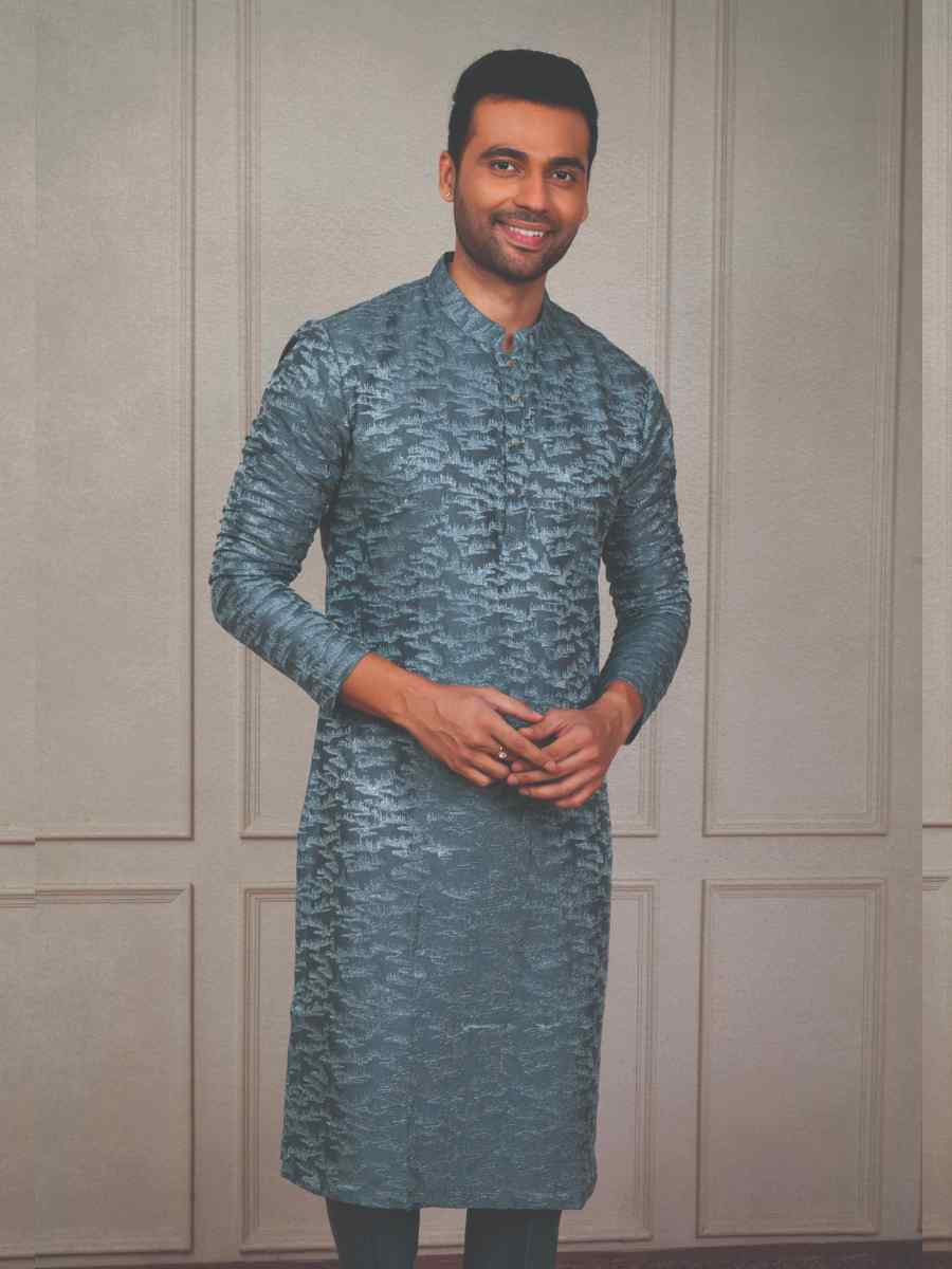 Turquiose Blue Silk Woven Party Wedding Kurta