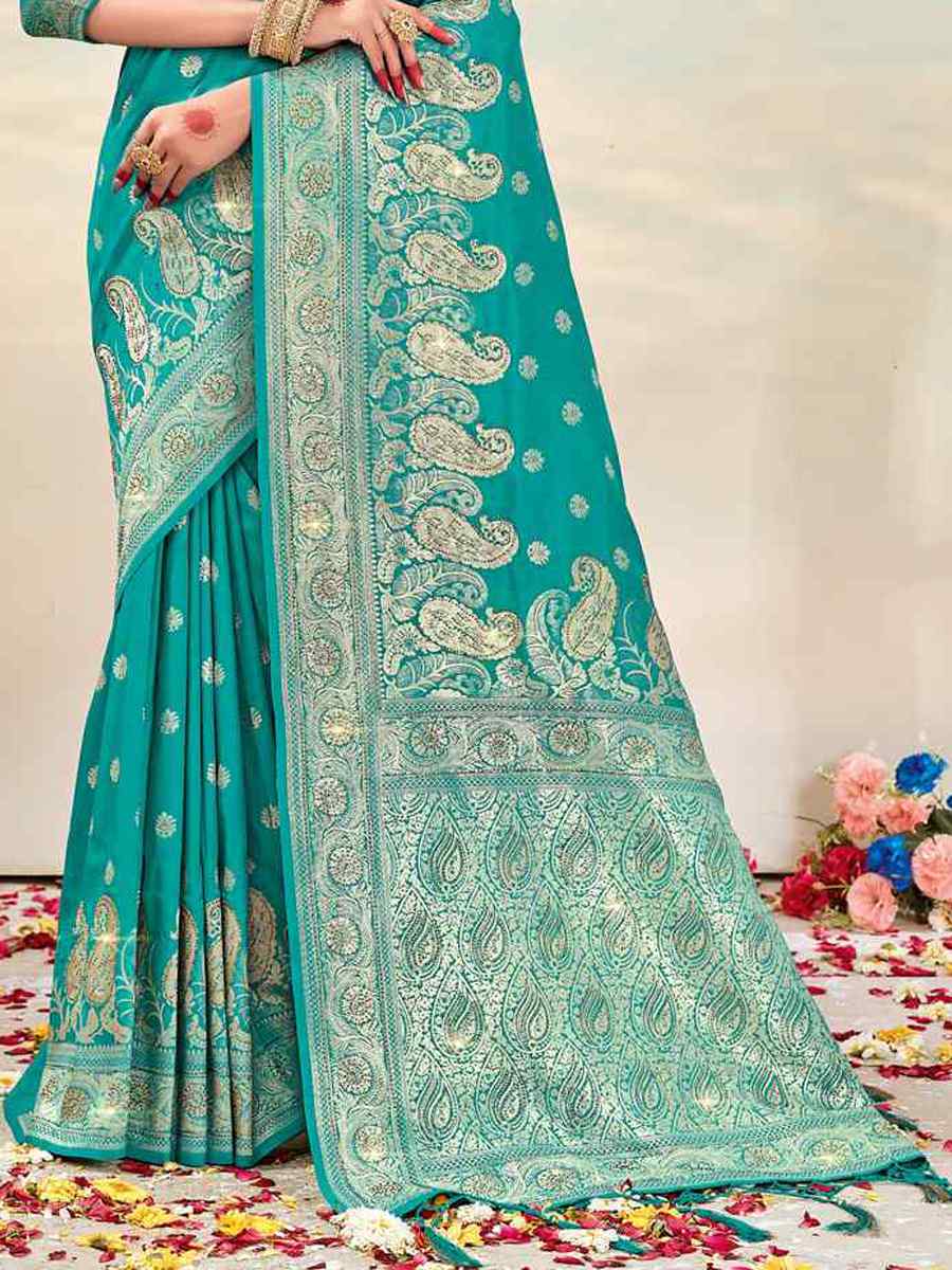 Turquoise Banarasi Silk Handwoven Wedding Festival Heavy Border Saree