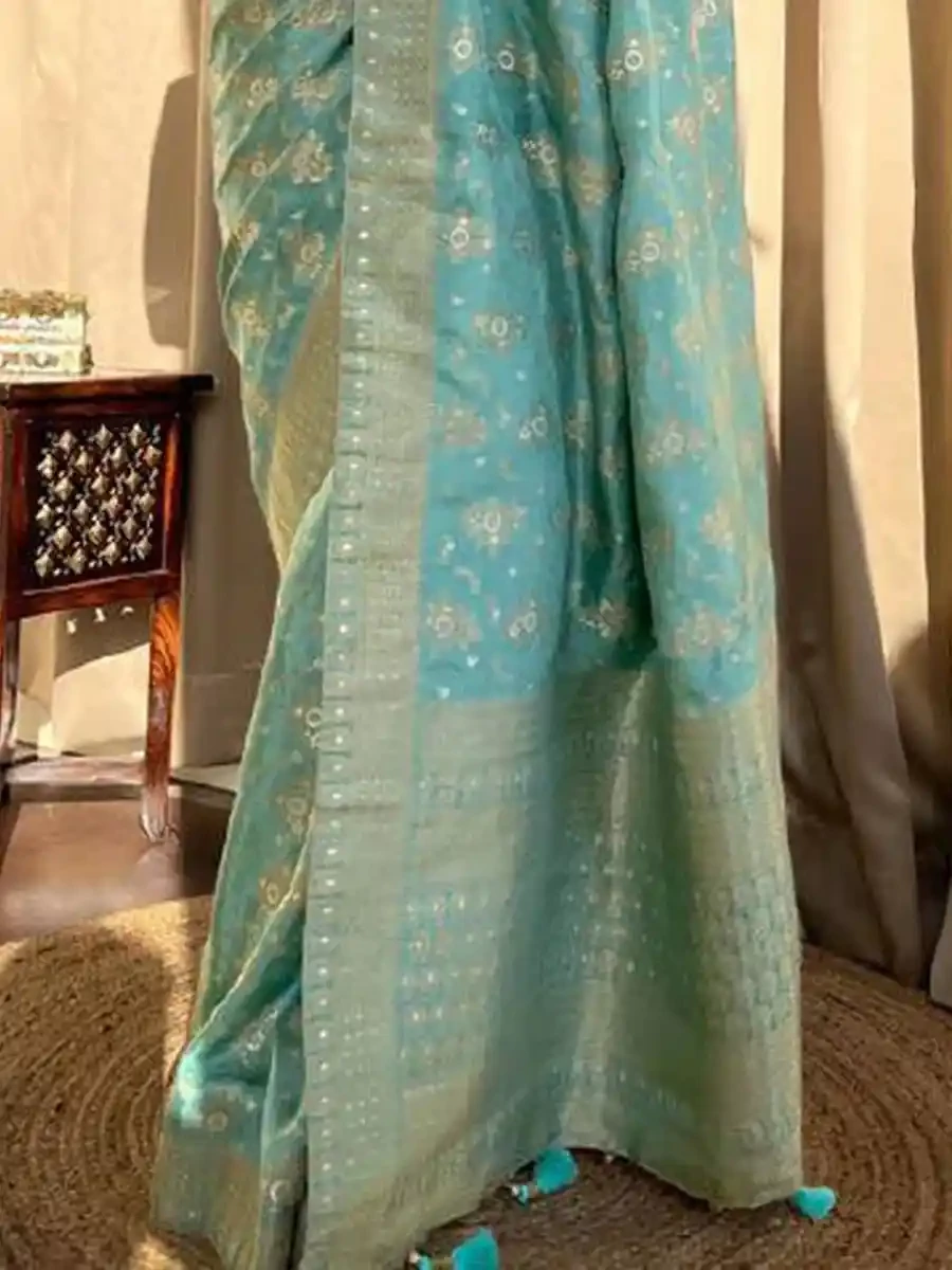 Turquoise Blue Banarasi Silk Handwoven Festival Wedding Heavy Border Saree