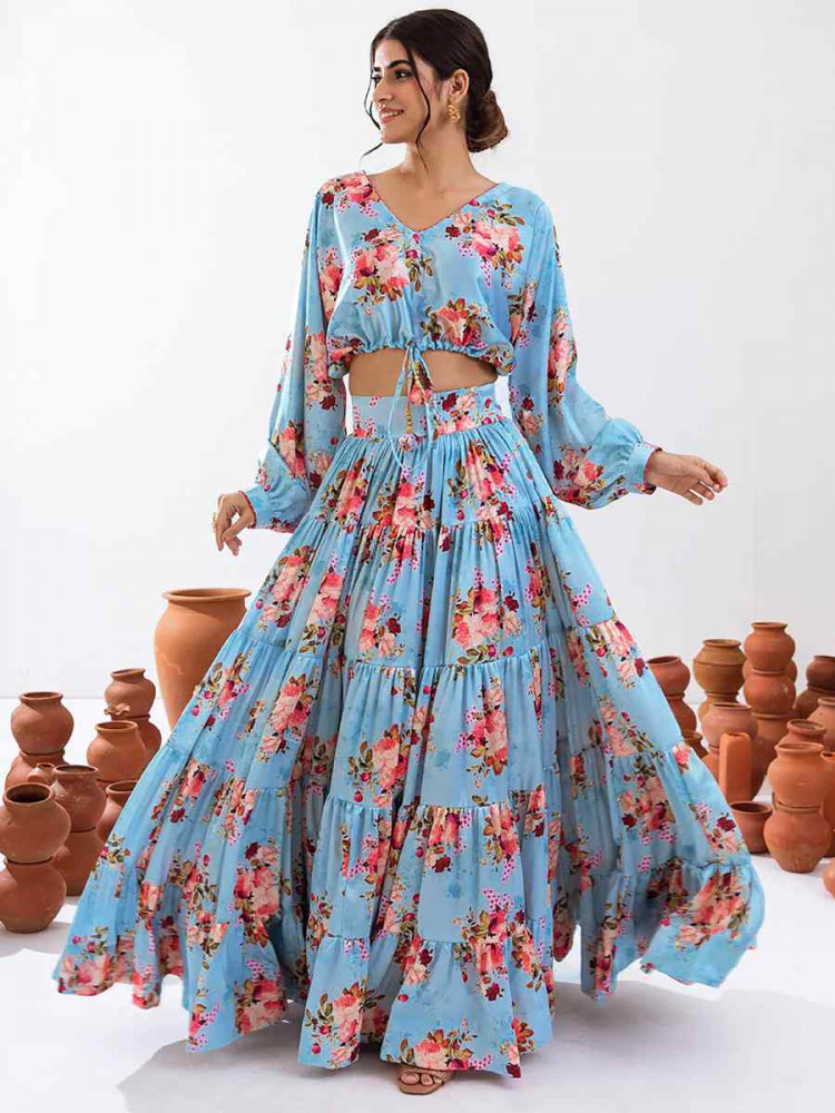 Turquoise Blue Heavy Chinon Printed Festival Festival Circular Lehenga Choli