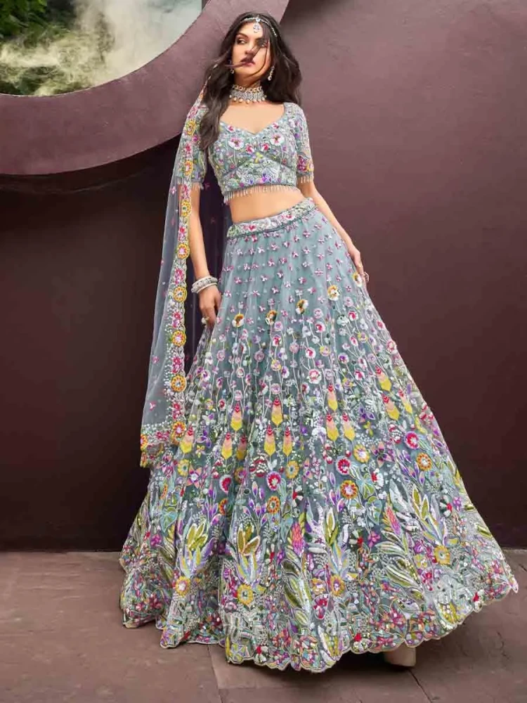 Turquoise Blue Organza Embroidered Wedding Bridesmaid Heavy Border Lehenga Choli