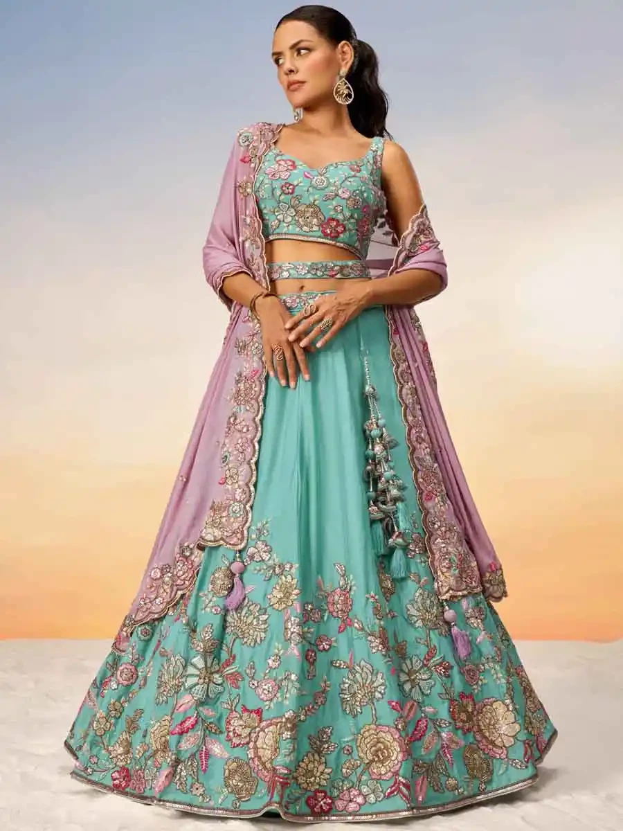 Turquoise Blue Poly Georgette Embroidery Reception Party Wear Heavy Border Lehenga Choli