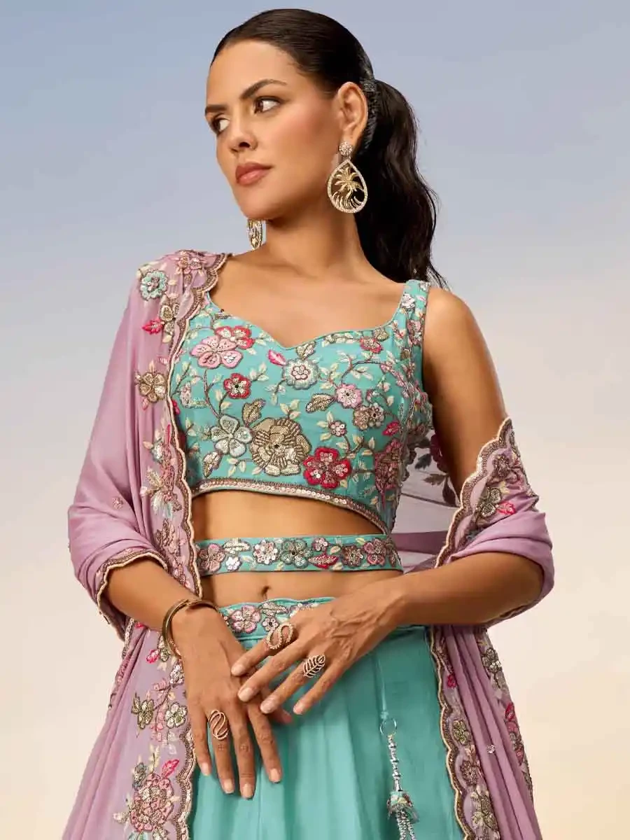 Turquoise Blue Poly Georgette Embroidery Reception Party Wear Heavy Border Lehenga Choli