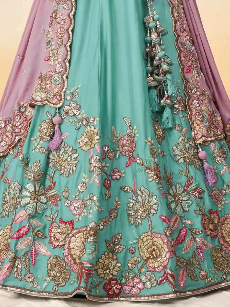 Turquoise Blue Poly Georgette Embroidery Reception Party Wear Heavy Border Lehenga Choli