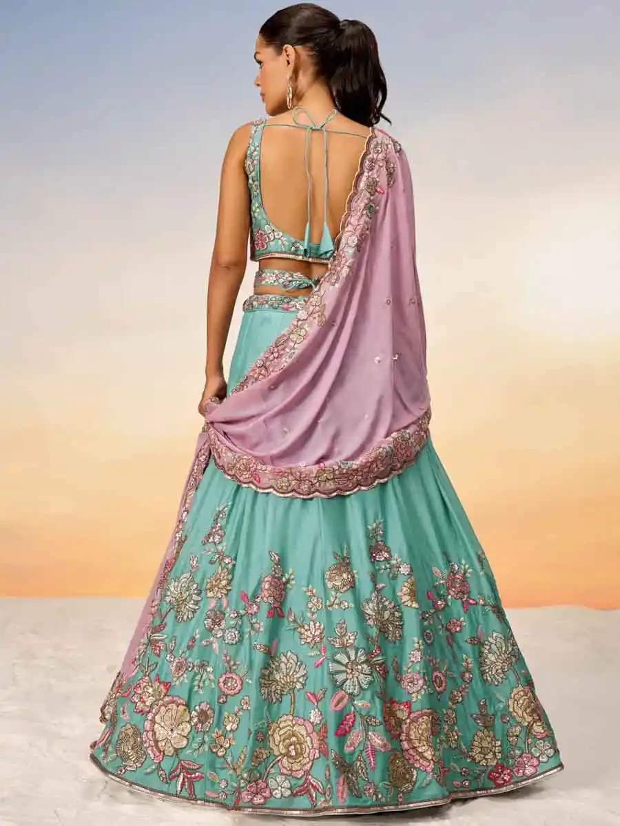 Turquoise Blue Poly Georgette Embroidery Reception Party Wear Heavy Border Lehenga Choli