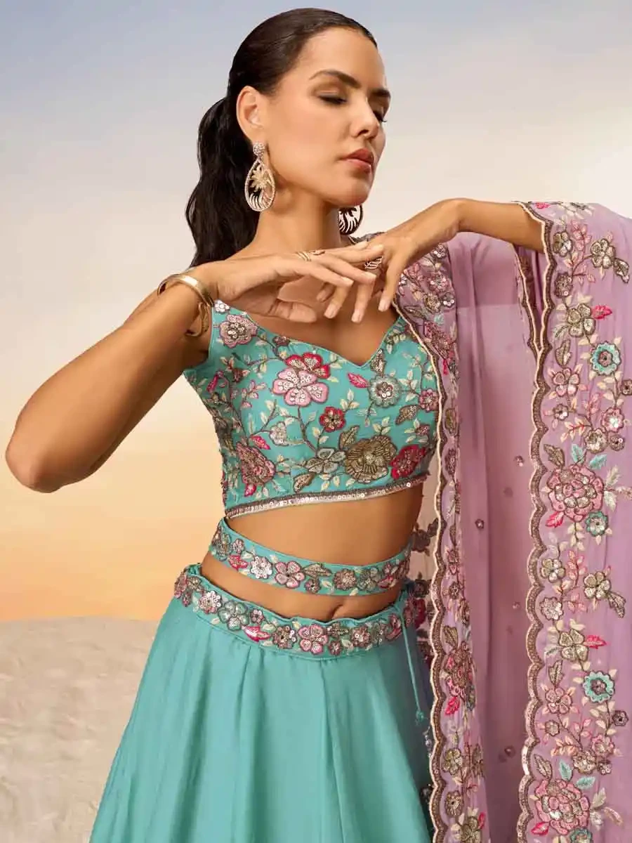 Turquoise Blue Poly Georgette Embroidery Reception Party Wear Heavy Border Lehenga Choli