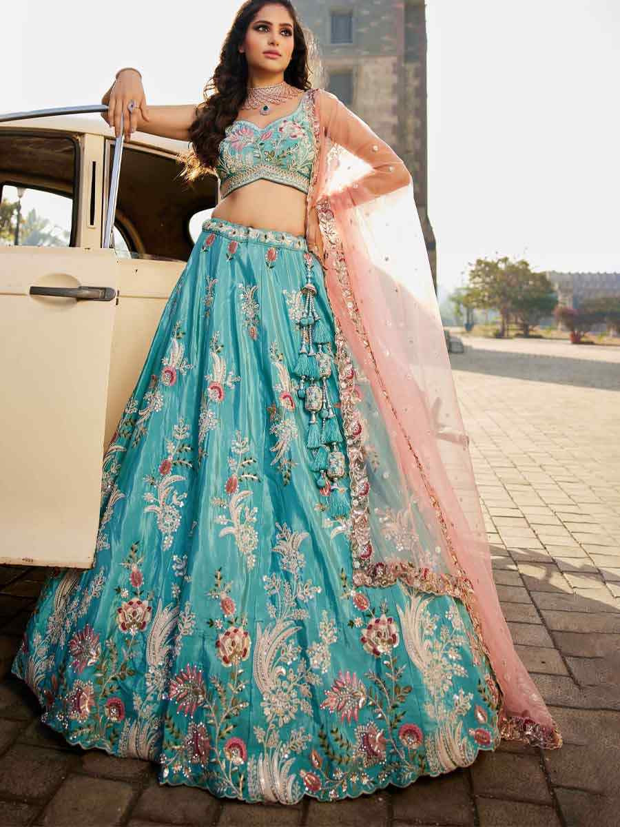 Turquoise Blue Satin Embroidery Reception Party Wear Heavy Border Lehenga Choli