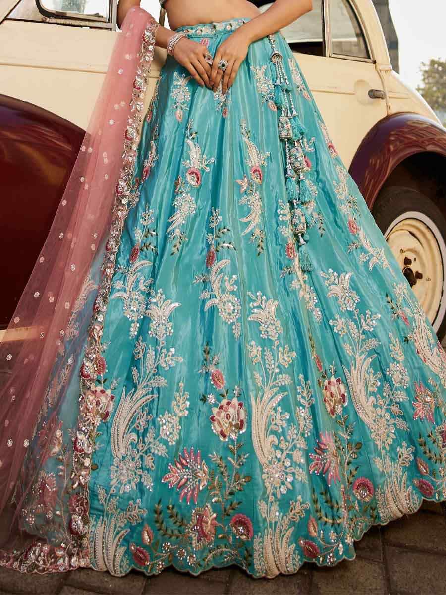 Turquoise Blue Satin Embroidery Reception Party Wear Heavy Border Lehenga Choli