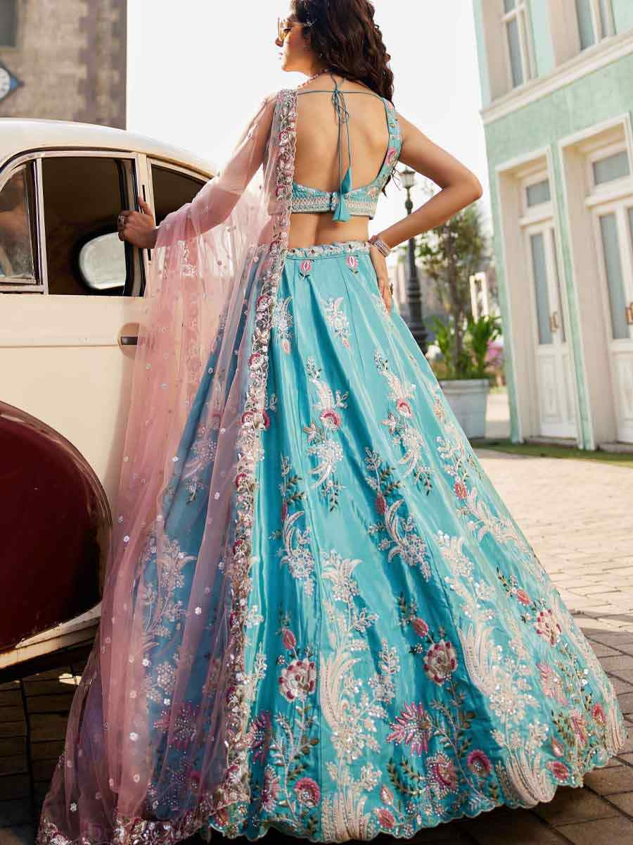 Turquoise Blue Satin Embroidery Reception Party Wear Heavy Border Lehenga Choli