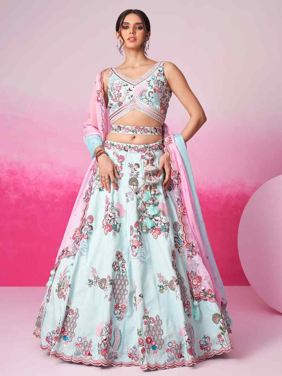 Turquoise Blue Silk Embroidered Bridesmaid Wedding Heavy Border Lehenga Choli