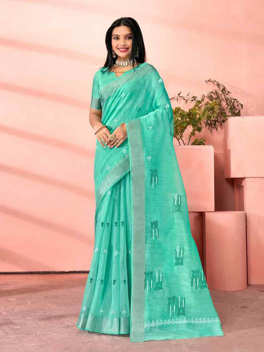 Turquoise Chanderi Cotton Handwoven Festival Casual Heavy Border Saree