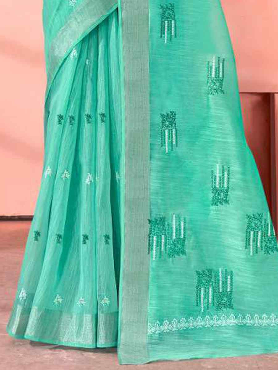 Turquoise Chanderi Cotton Handwoven Festival Casual Heavy Border Saree