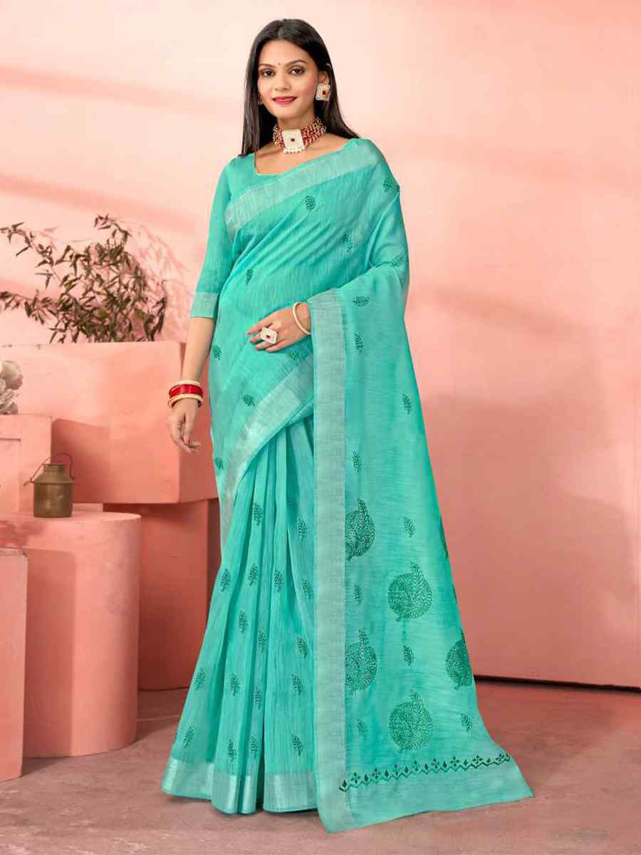 Turquoise Chanderi Cotton Handwoven Festival Casual Heavy Border Saree