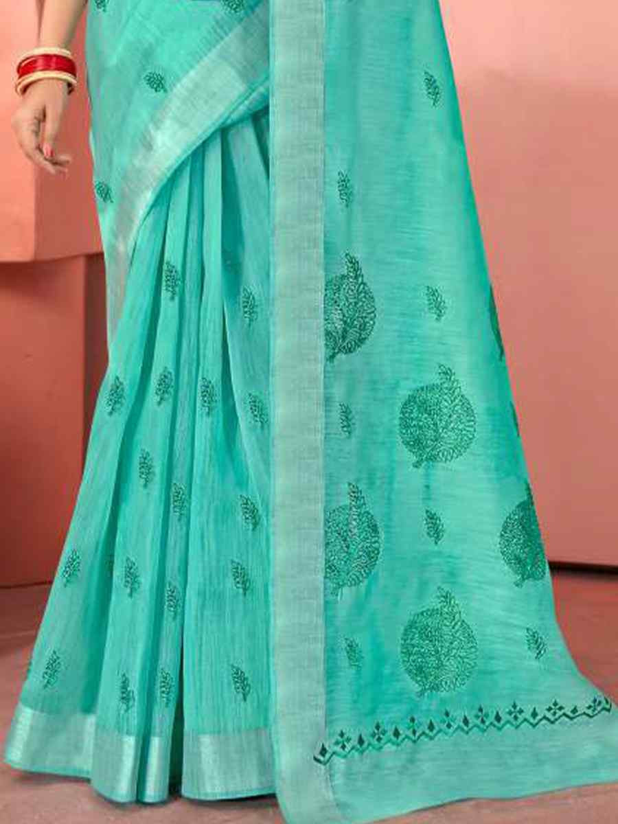 Turquoise Chanderi Cotton Handwoven Festival Casual Heavy Border Saree