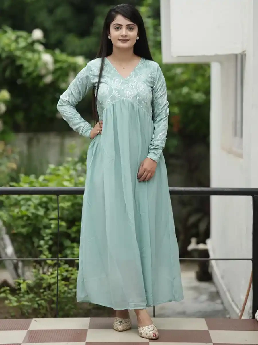 Turquoise Crepe Georgette Embroidered Festival Casual Gown