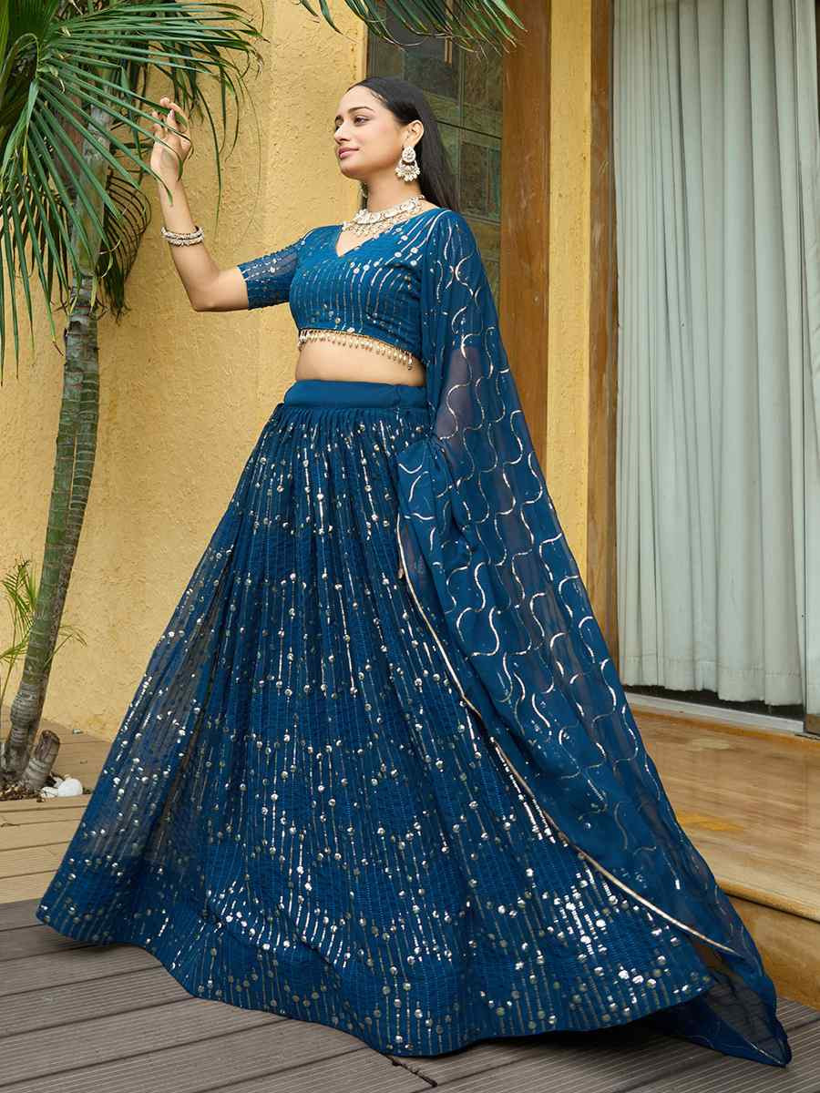 Turquoise Georgette Embroidered Wedding Party Wear Heavy Border Lehenga Choli