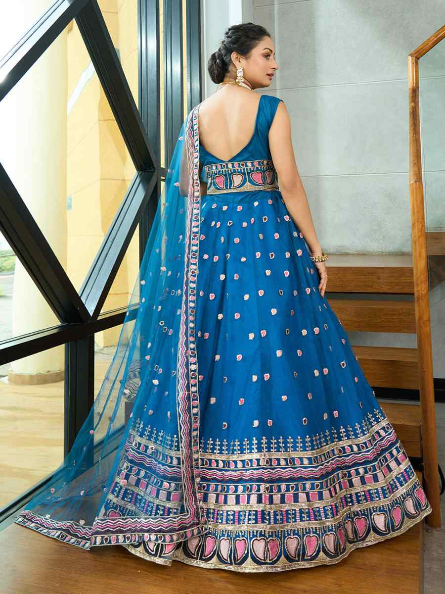 Turquoise Georgette Embroidered Wedding Party Wear Heavy Border Lehenga Choli