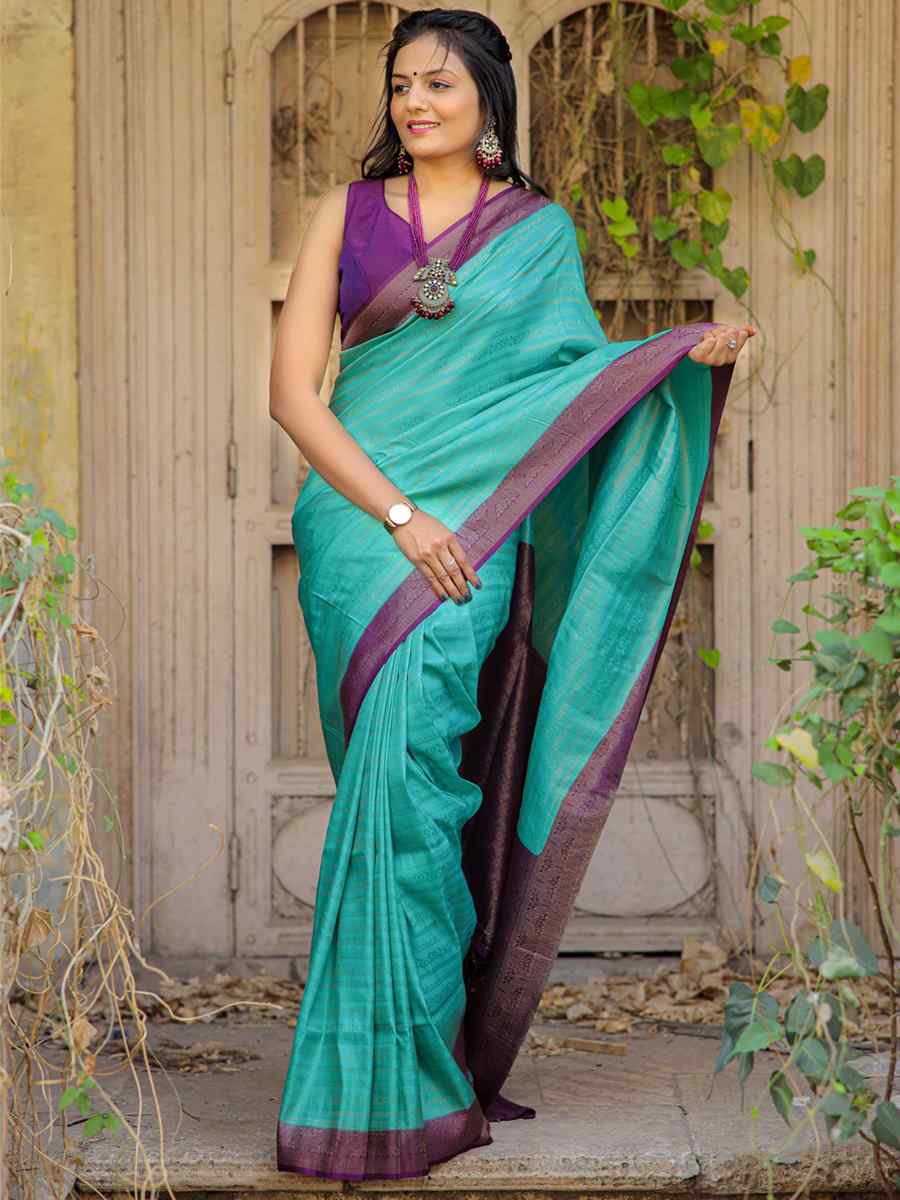 Turquoise Kubera Pattu Handwoven Casual Festival Heavy Border Saree