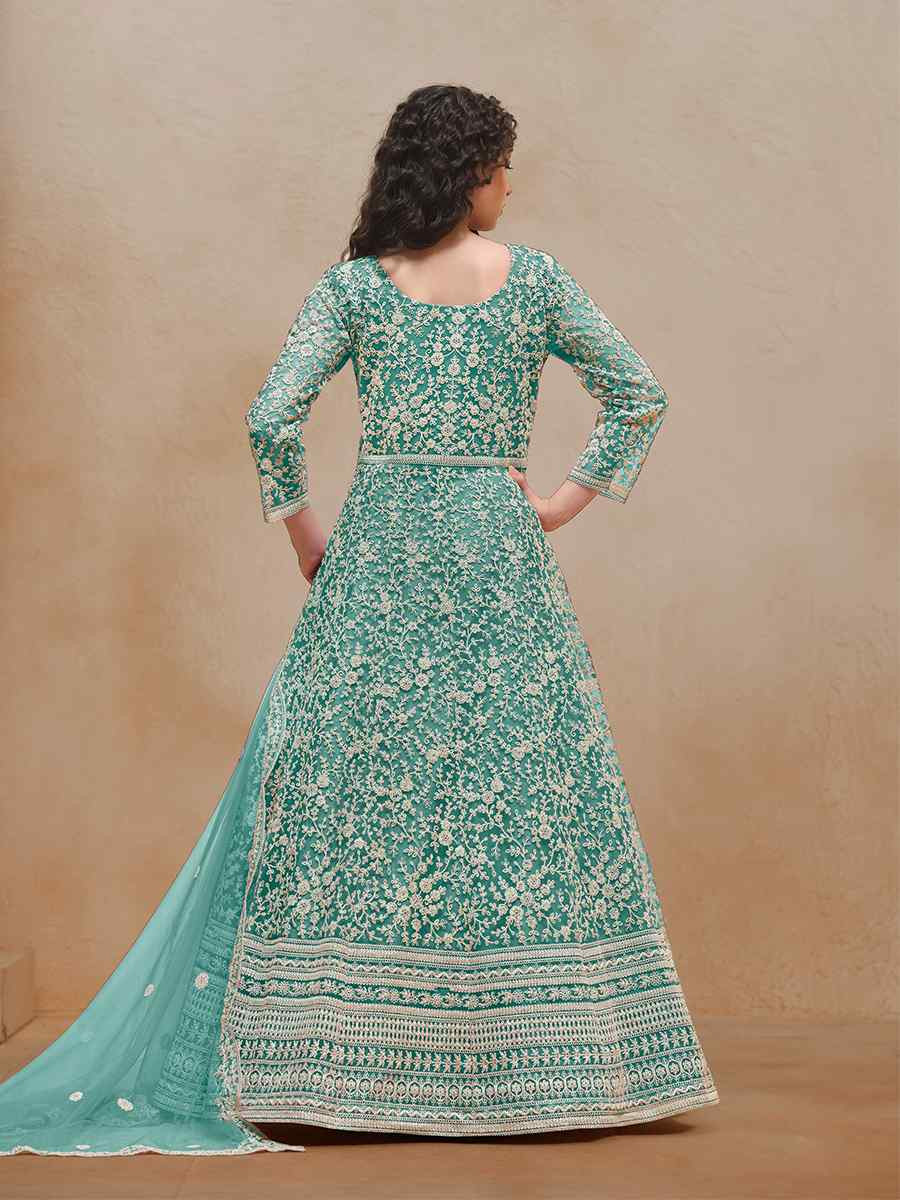 Turquoise Net Embroidered Festival Wedding Gown