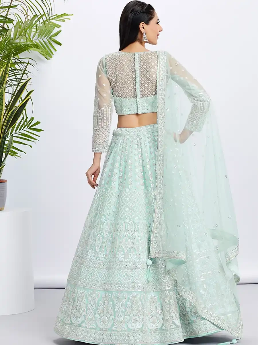 Turquoise Net Embroidery Reception Party Wear Heavy Border Lehenga Choli