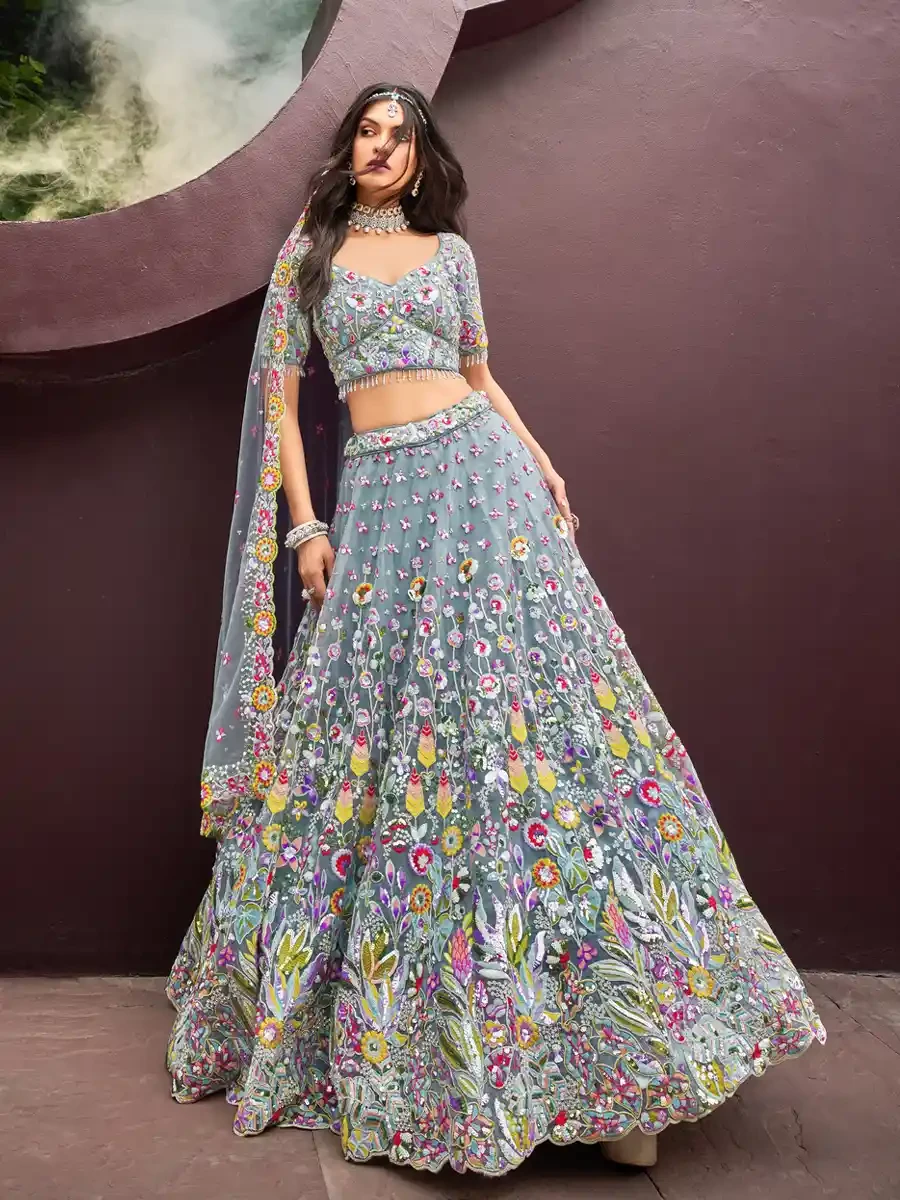 Turquoise Organza Embroidered Wedding Bridesmaid Heavy Border Lehenga Choli