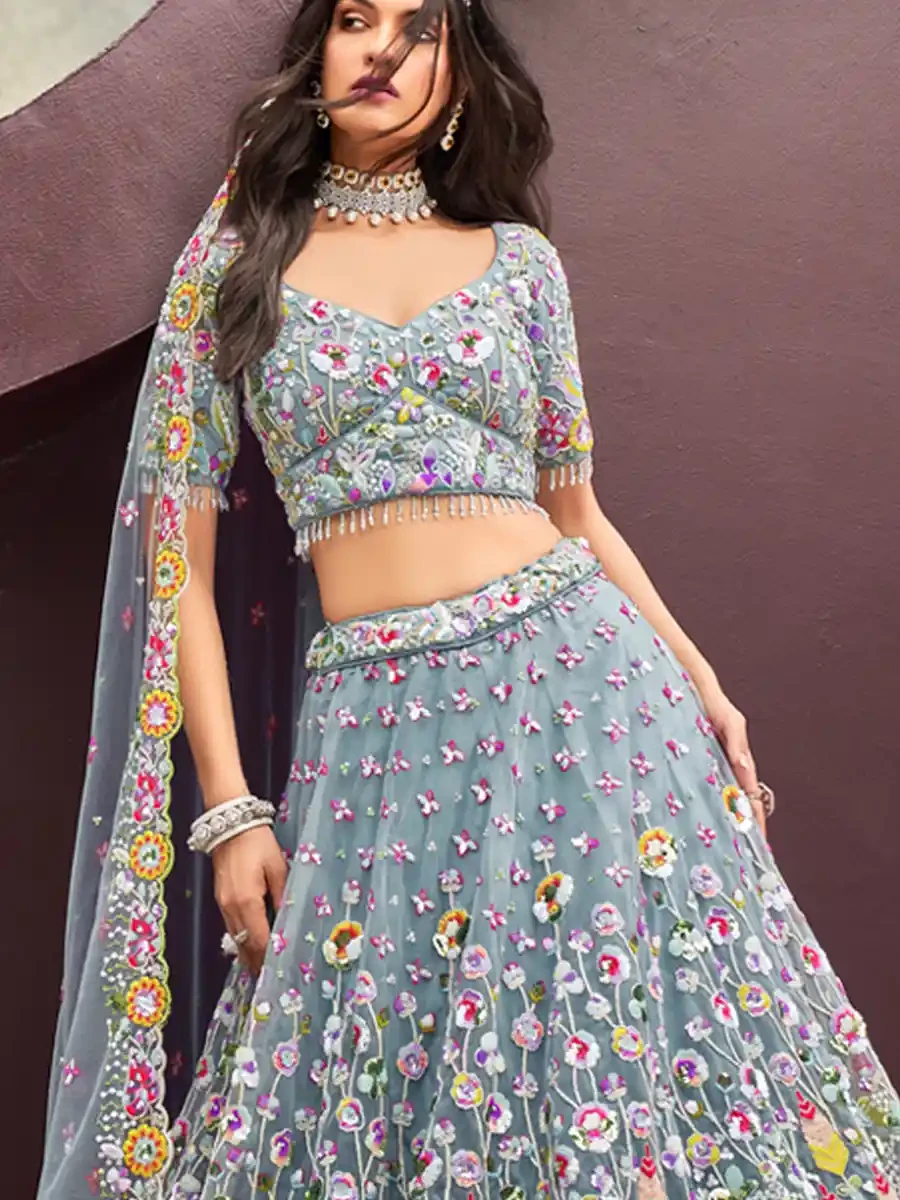 Turquoise Organza Embroidered Wedding Bridesmaid Heavy Border Lehenga Choli