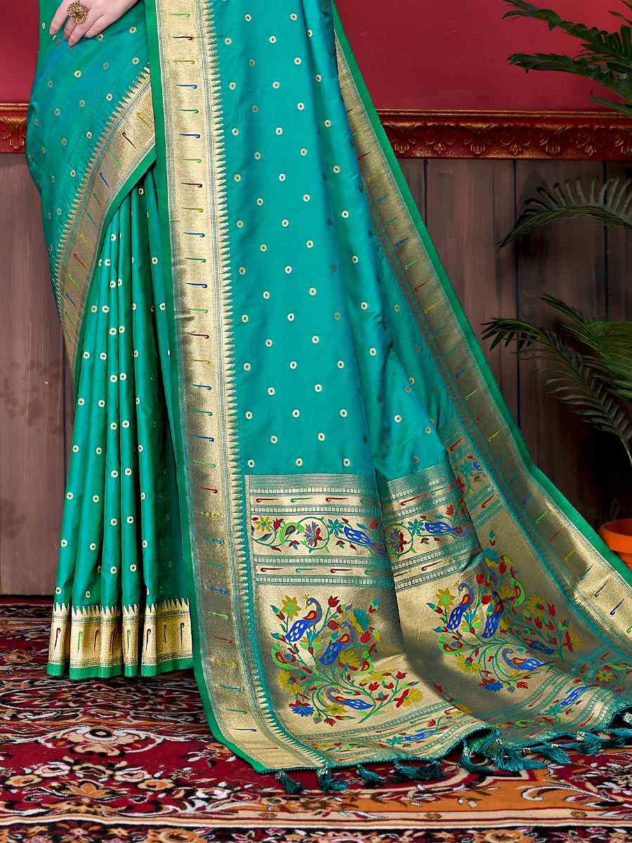 Turquoise Pure Lichi Silk Handwoven Wedding Festival Heavy Border Saree