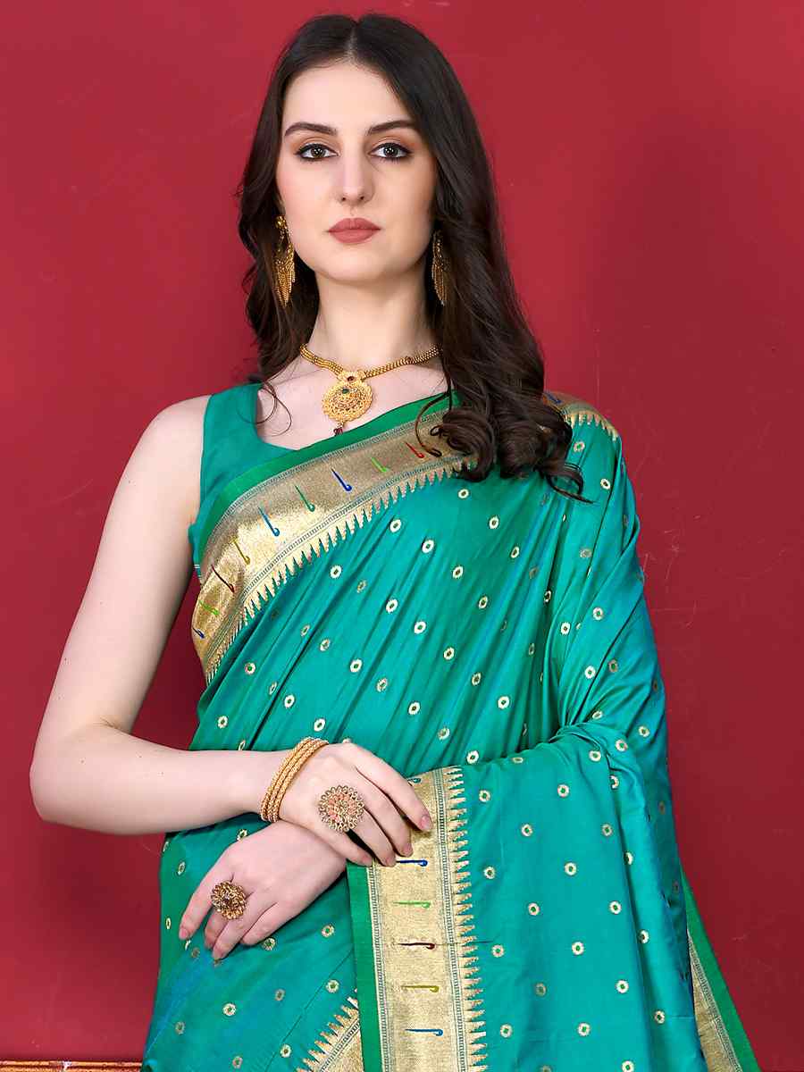 Turquoise Pure Lichi Silk Handwoven Wedding Festival Heavy Border Saree