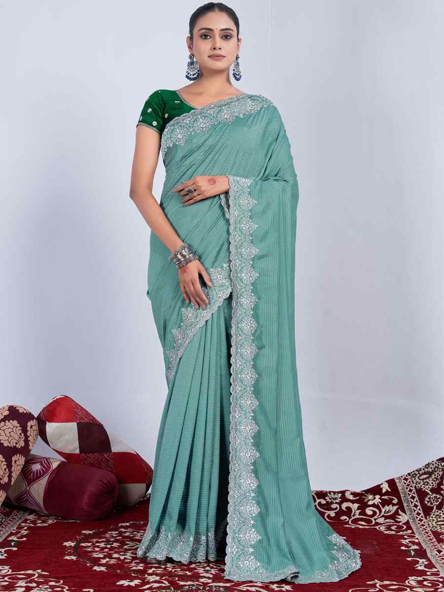 Turquoise Rangoli Embroidered Wedding Party Heavy Border Saree