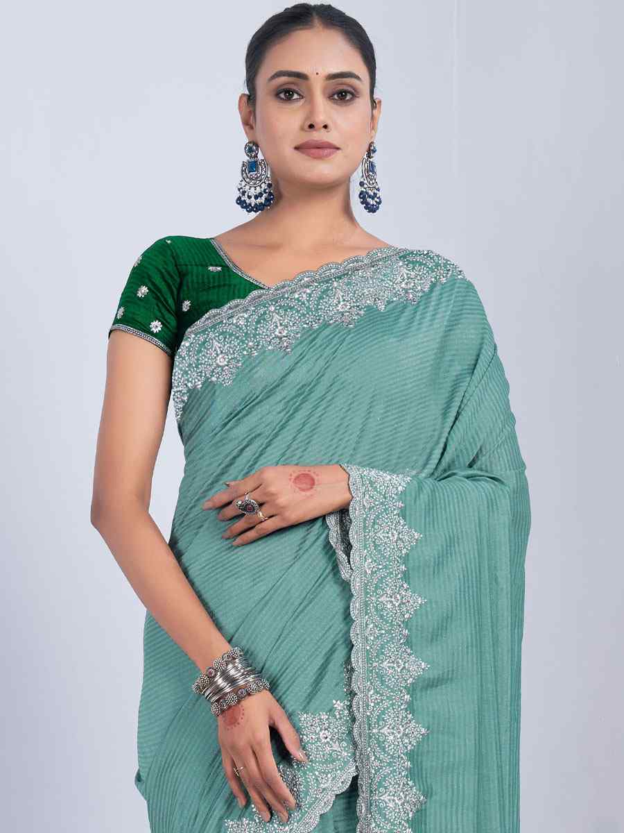 Turquoise Rangoli Embroidered Wedding Party Heavy Border Saree