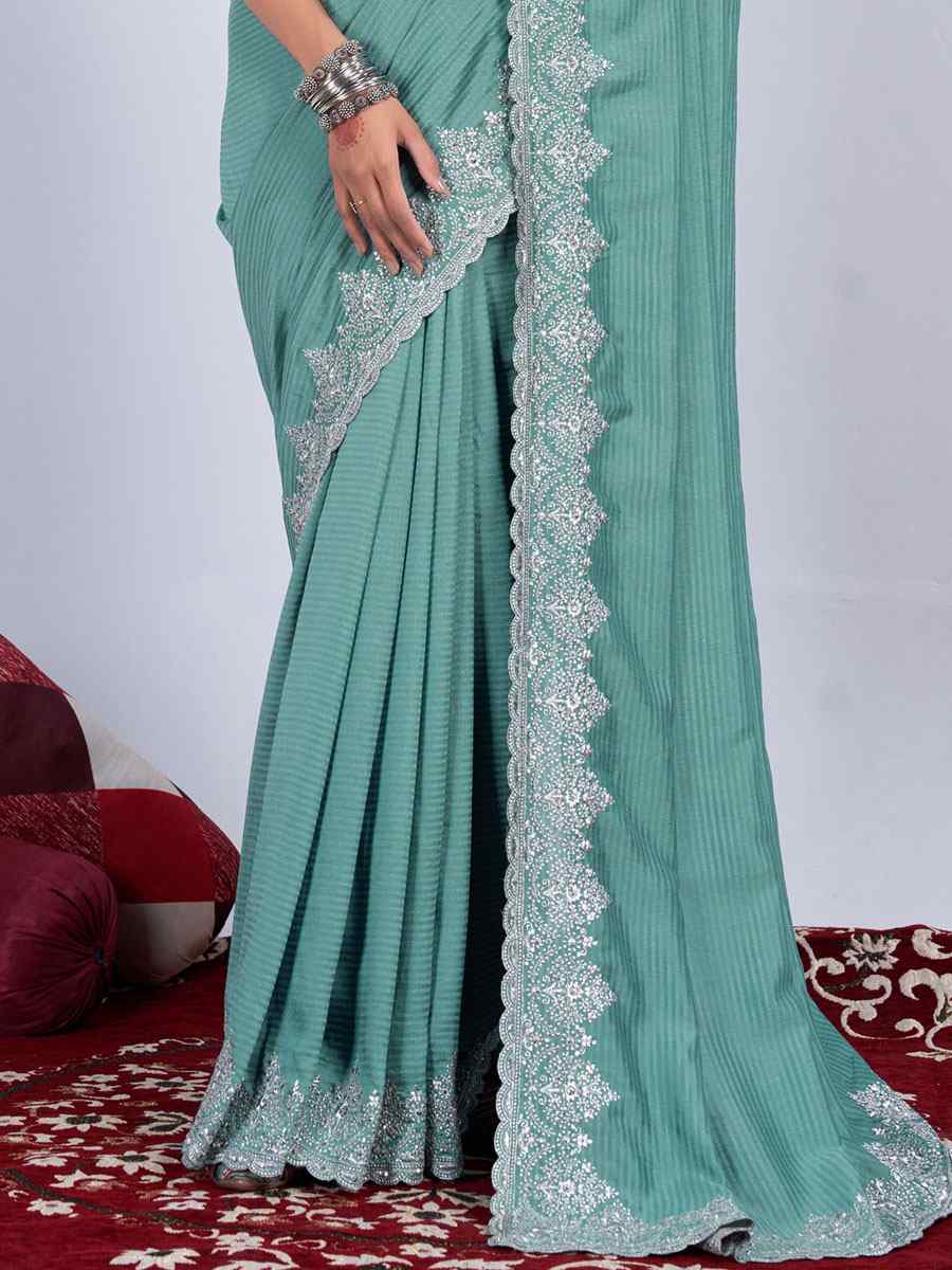 Turquoise Rangoli Embroidered Wedding Party Heavy Border Saree