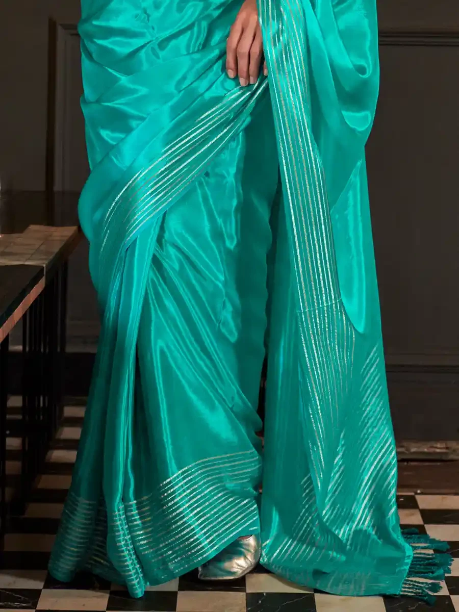 Turquoise Satin Handwoven Festival Wedding Heavy Border Saree