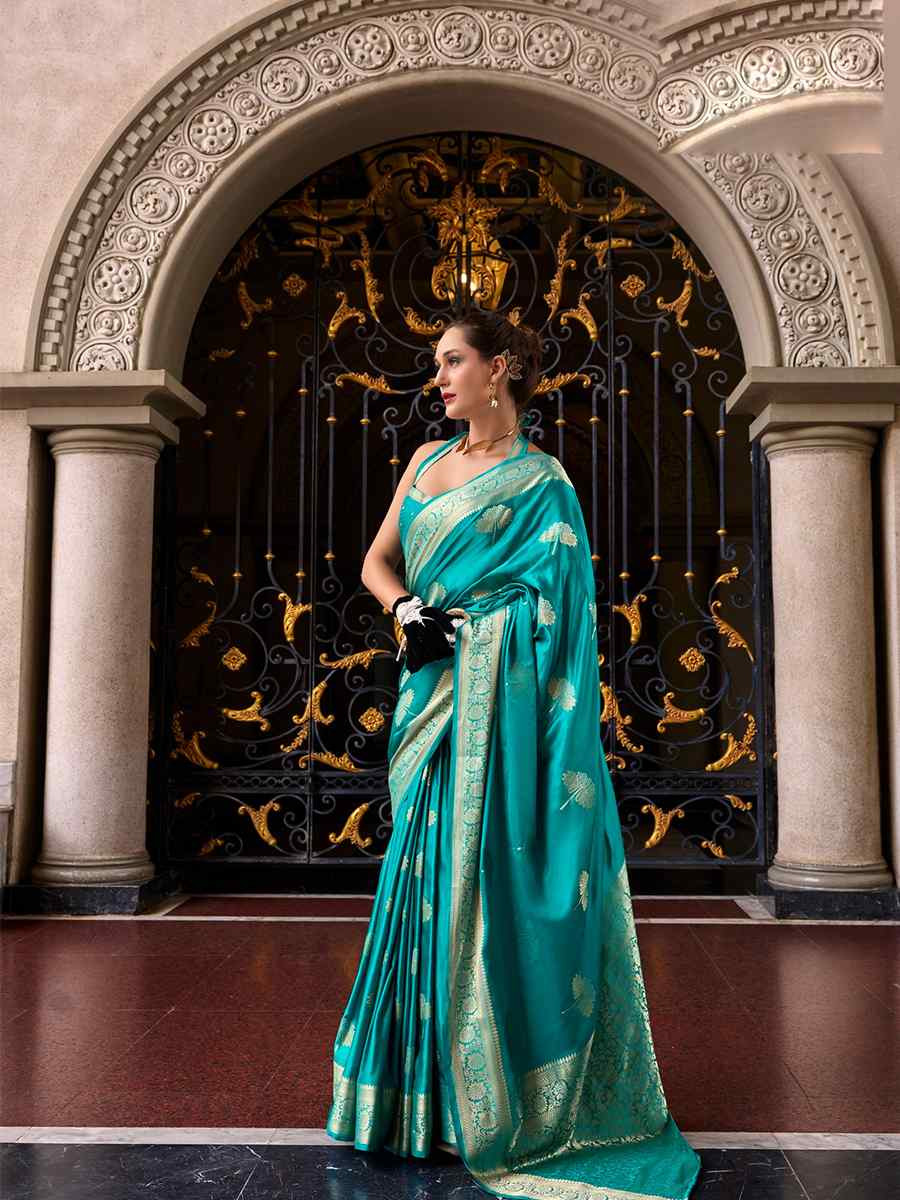 Turquoise Satin Silk Handwoven Festival Wedding Heavy Border Saree